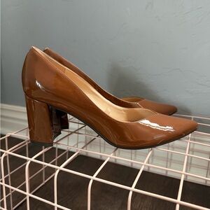 Marc Fisher Women's Cognac Patent Mid Heel Pumps Caitlin Block Heel